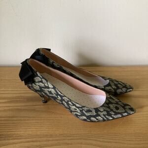 J. Crew Dulci Kitten Heels Metallic Leopard Bow Leather Bottoms Size 6.5